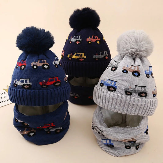Kids Knit Hat & Scarf Set - Car Pattern Earflap Winter Cap, Warm Baby Beanie & Scarf Combo Baby Accessories