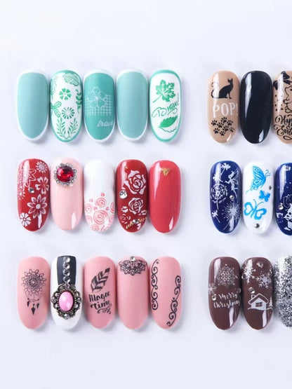 Nail Stamping Plates Set Silicone Stamper Brush Nail Art Stamp Polish Transfer Stencils Flower Geometry Template Tools Maniucre