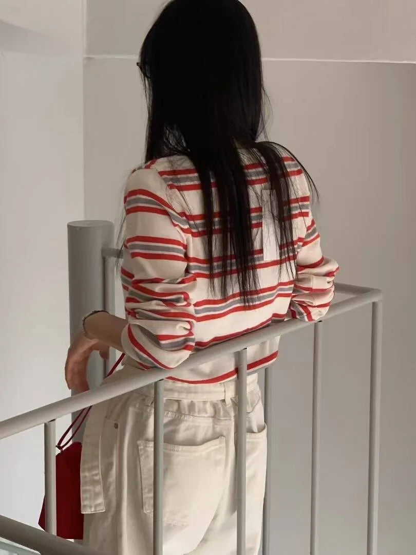 Chic Spring New Classic Color Block Striped round Neck Button up Soft Knitted Open Cardigan for Women Comfortable Casual Style