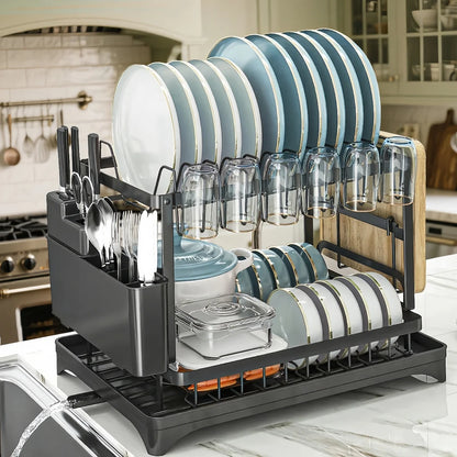 Dish Drying Rack, 2 Tier Dish Racks for Kitchen Counter, Large Drying Rack with Drainboard, Rustproof Dish Drainer Organizer