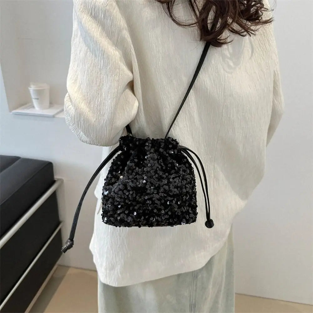 Sequin Shoulder Bag for Girls Shiny Drawstring Crossbody Bag Women Underarm Mini Bucket Bag Phone Purse