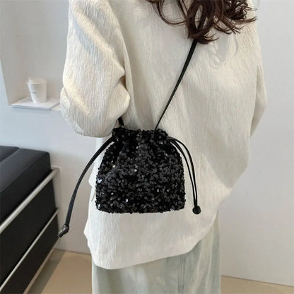 Sequin Shoulder Bag for Girls Shiny Drawstring Crossbody Bag Women Underarm Mini Bucket Bag Phone Purse