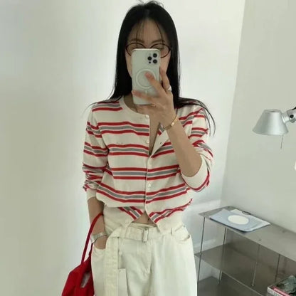 Chic Spring New Classic Color Block Striped round Neck Button up Soft Knitted Open Cardigan for Women Comfortable Casual Style