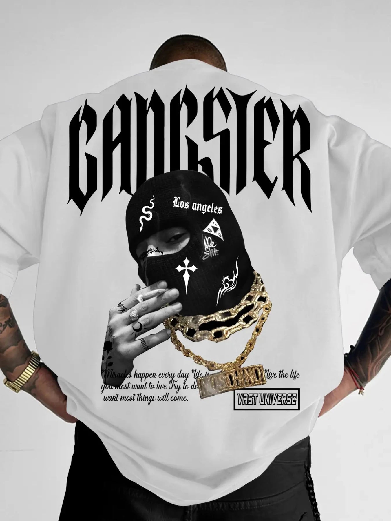 Men'S Oversized Gangster Graphic T-Shirt - Streetwear Hooded Mask Design with Gangster Lettering & West Coast Lettering