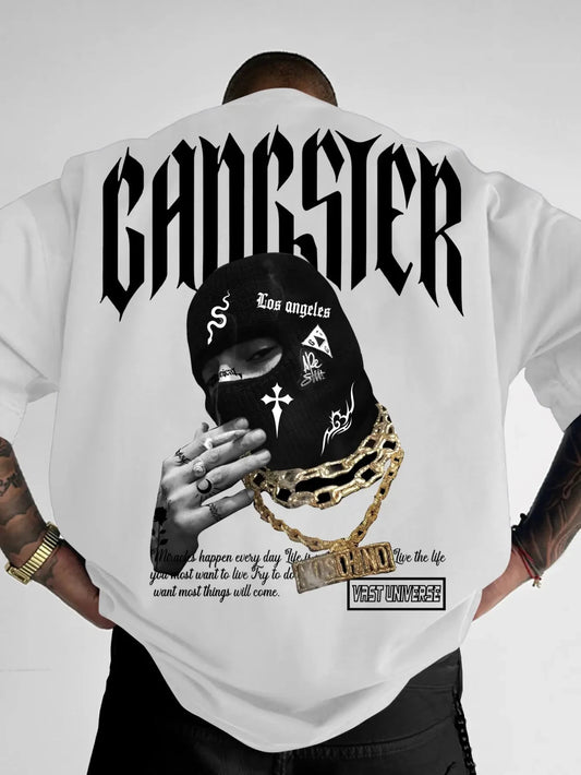 Men'S Oversized Gangster Graphic T-Shirt - Streetwear Hooded Mask Design with Gangster Lettering & West Coast Lettering