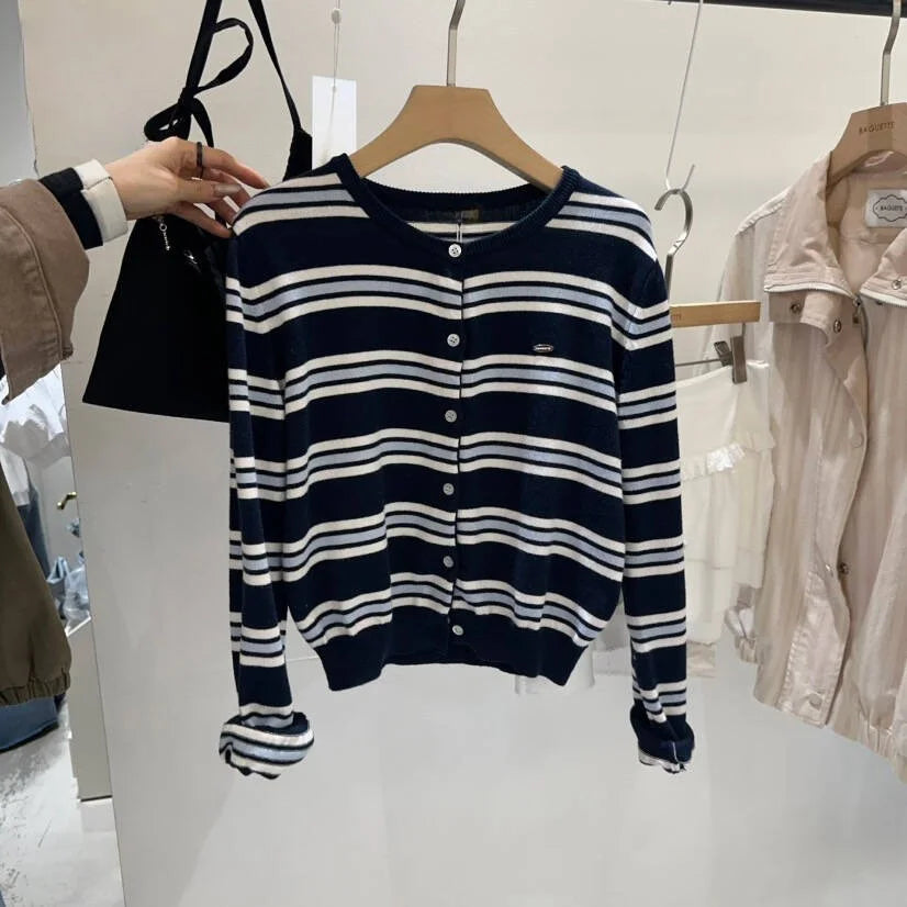 Chic Spring New Classic Color Block Striped round Neck Button up Soft Knitted Open Cardigan for Women Comfortable Casual Style