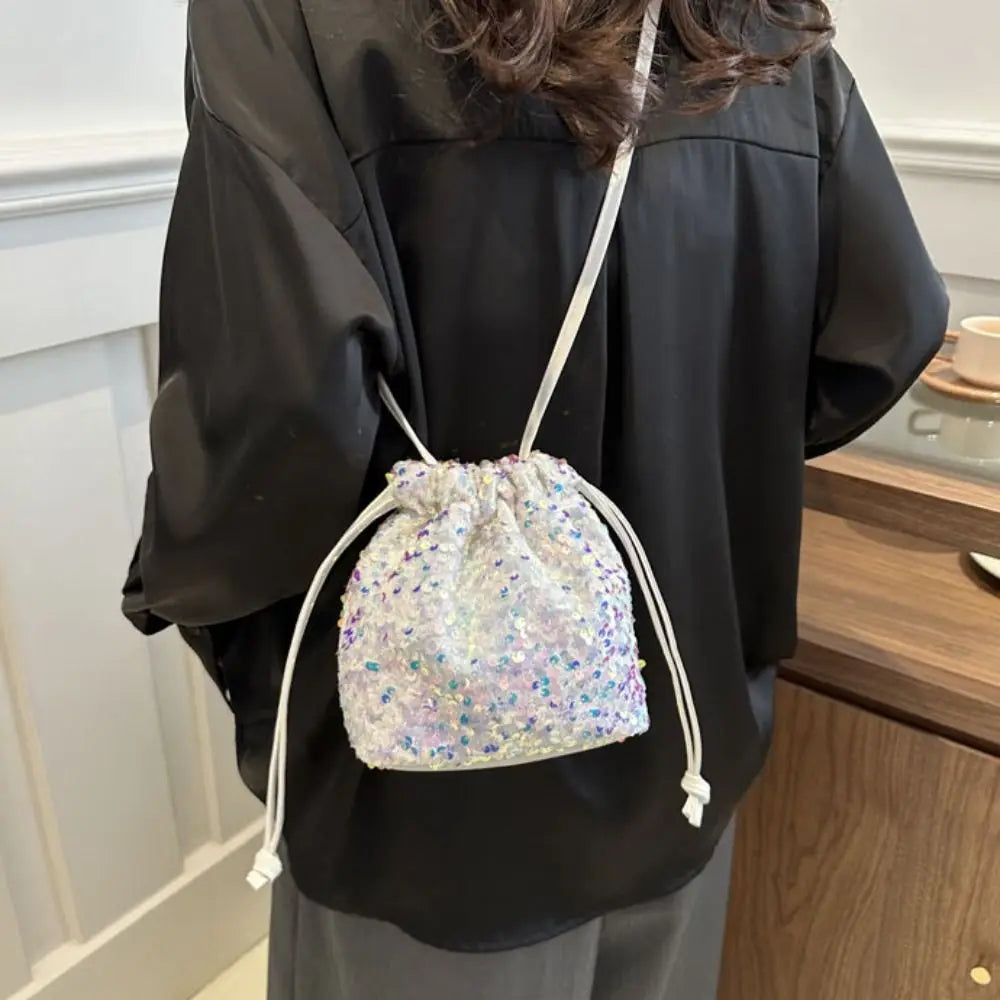 Sequin Shoulder Bag for Girls Shiny Drawstring Crossbody Bag Women Underarm Mini Bucket Bag Phone Purse