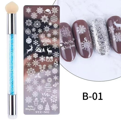 Nail Stamping Plates Set Silicone Stamper Brush Nail Art Stamp Polish Transfer Stencils Flower Geometry Template Tools Maniucre