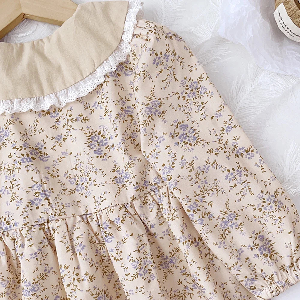 Baby Girls Flower Dresses 3-7 Years Spring Autumn Flower Dresses Lace Turn-down Floral Girl Princess Dress