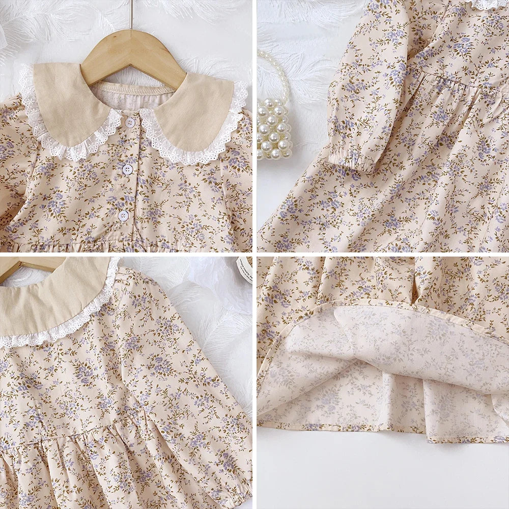 Baby Girls Flower Dresses 3-7 Years Spring Autumn Flower Dresses Lace Turn-down Floral Girl Princess Dress
