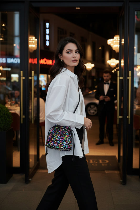 Sequin Shoulder Bag for Girls Shiny Drawstring Crossbody Bag Women Underarm Mini Bucket Bag Phone Purse