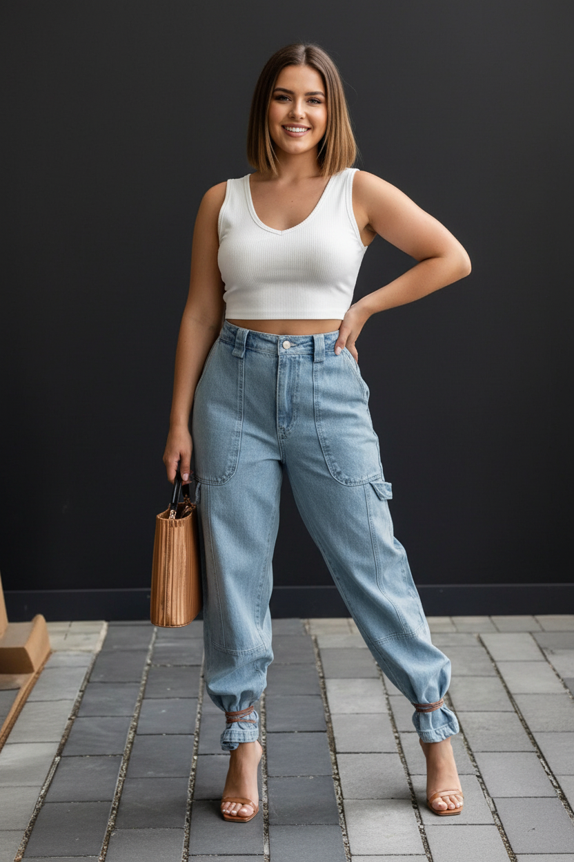 Plus size curvy woman wearing white crop vest top with light blue cargo jogger jeans