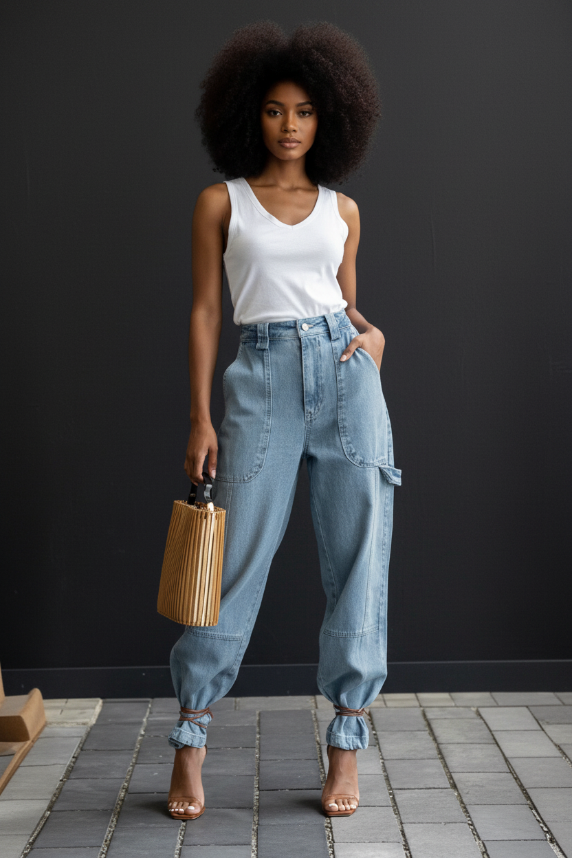 Mixed race model with afro hair in white vest and cargo jeans