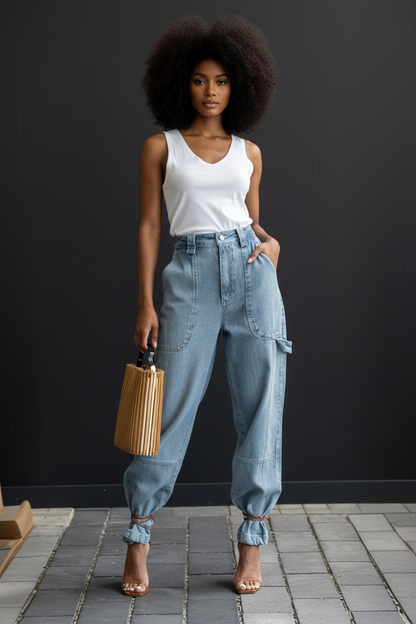 Mixed race model with afro hair in white vest and cargo jeans